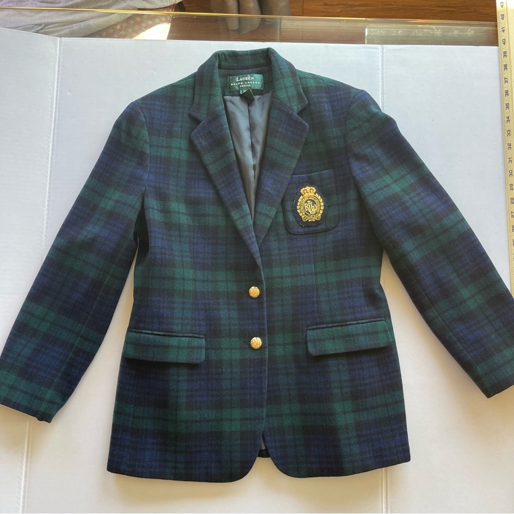 Lauren Ralph Lauren Wool Cashmere Tartan Blazer Green Navy Size 10 Petite - Picture 4 of 17
